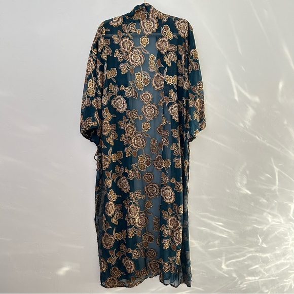 Shyanne Teal Floral Duster Kimono One Size Travel Boho Festival Beach Coverup - Picture 2 of 12